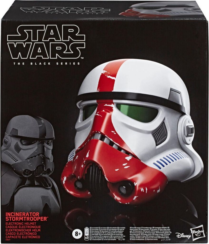 The image shows the packaging for a Star Wars Incinerator Stormtrooper electronic helmet.