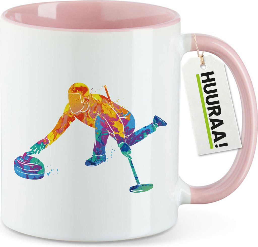 Huuraa Kaffeetasse Curling bunte Silhouette 330ml Rosa Keramik Kaffeebecher Geschenkidee