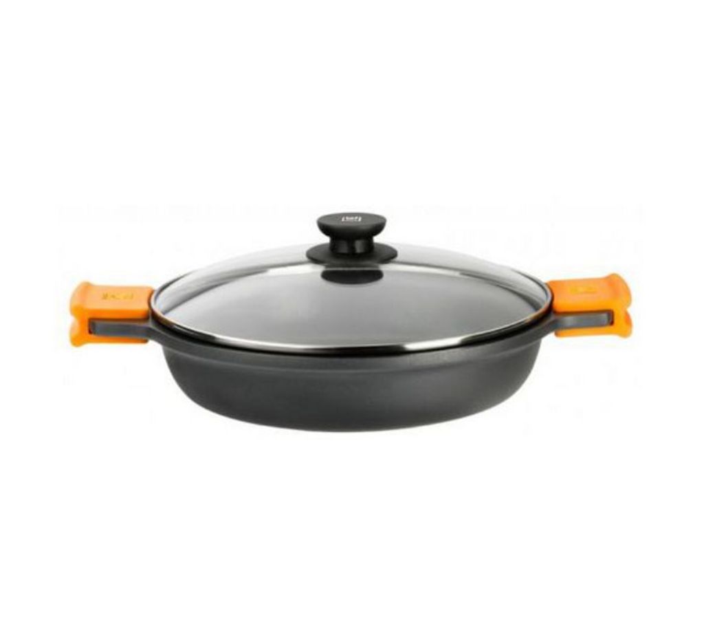 BRA Efficient | Niedriger Kochtopf mit Glasdeckel und Silikongriffen, 30 cm, mit Antihaftbeschichtung, induktionsgeeignet, PFOA-frei, Schwarz