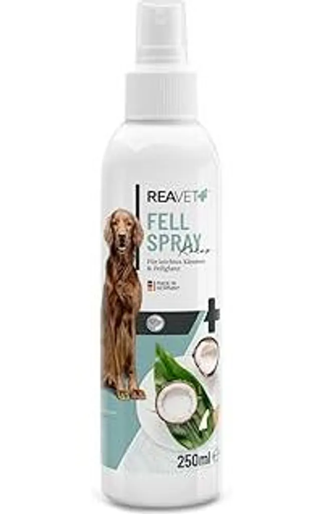 ReaVET Spray per la cura del pelo al cocco 250 ml - Spray delicato per il pelo di cani e gatti, spray districante e ausilio per la pettinatura, con spray al cocco e olio di cocco