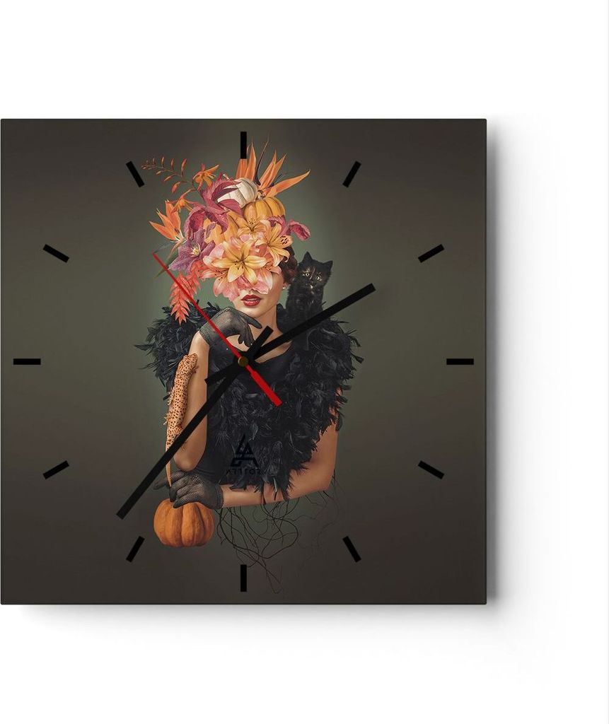 Wanduhr - Quadrat - Glasuhr - Frau Katze Blumen - 30x30cm - Schleichendes Uhrwerk - Lautlos - zum Aufhängen bereit - Dekoration Modern - Wanddekor...