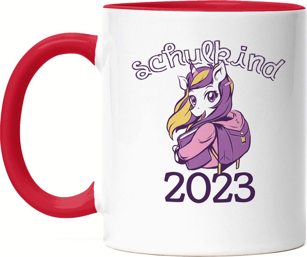 Einhorn Tasse Rot als Geschenk zur Einschulung Schulbeginn Schulstart für Schulanfänger Erstklässler Schule 2023