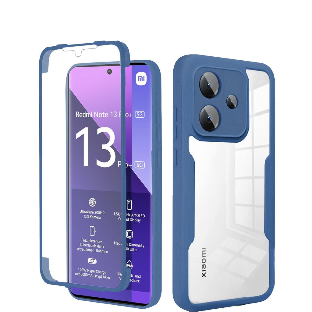 A blue and transparent phone case is shown next to a phone displaying its screen.