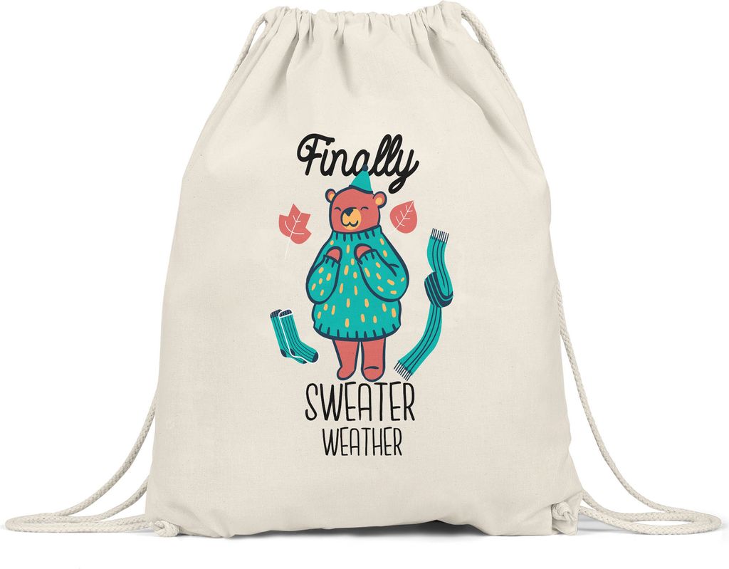 Finally Sweater Weather Turnbeutel Gymsack Kalte Jahreszeit Herbst Winter Pullover Socken Schal Süßer Bär Herbstzeit Laub