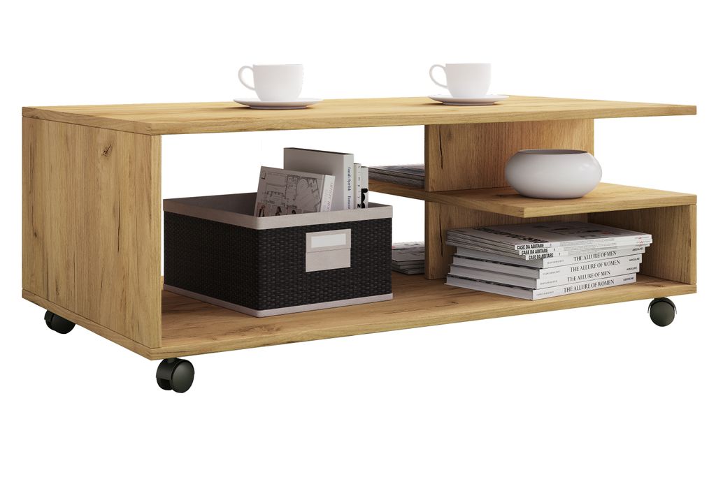 A wooden coffee table with shelves and wheels, displayed on a white background.