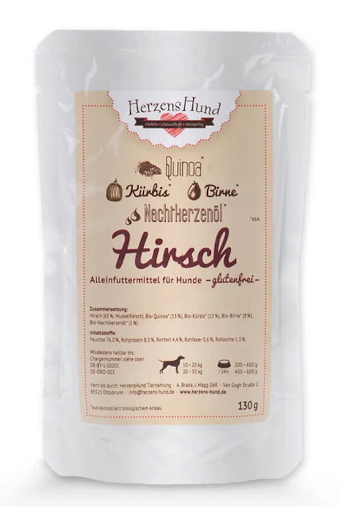 Pâtée pour Chien au Cerf et Quinoa Herzenshund : Lot de 15 x 130g