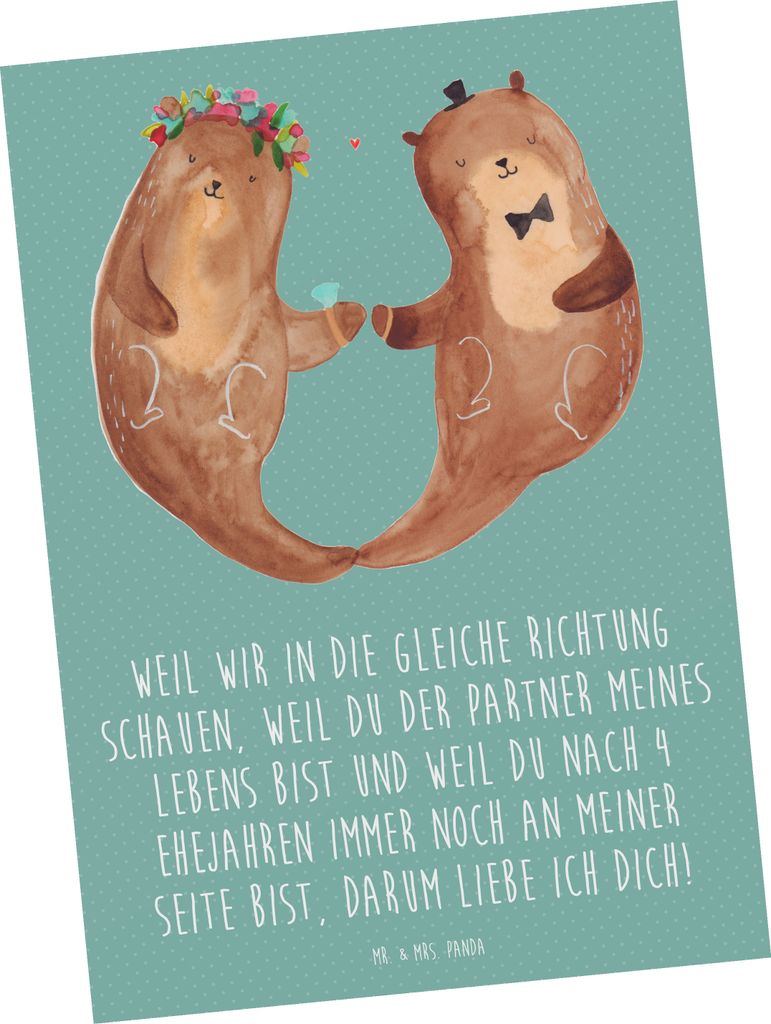 Mr. & Mrs. Panda Postkarte 4. Hochzeitstag Seidenhochzeit - Meeresbrise - Geschenk, Postkarten, Heiraten, Feier, bildkarte, Partner, Heirat, Ansich...