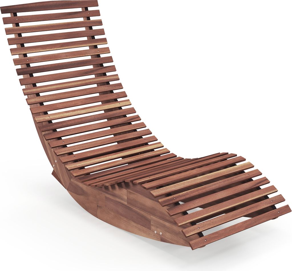 A wooden rocking lounge chair on a white background.