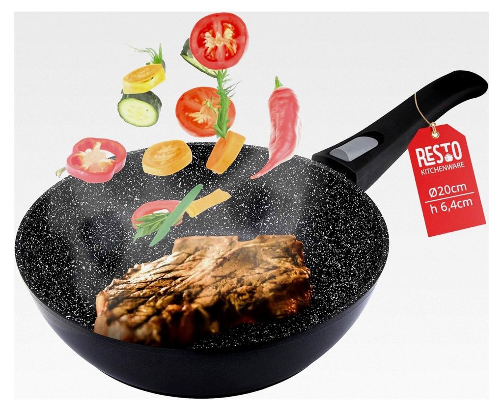 Bratpfanne 20 cm, tiefe Wokpfanne aus geschmiedetem Aluminium mit vierschichtiger Marmor-Antihaftbeschichtung – abnehmbarer Griff – geeignet f...