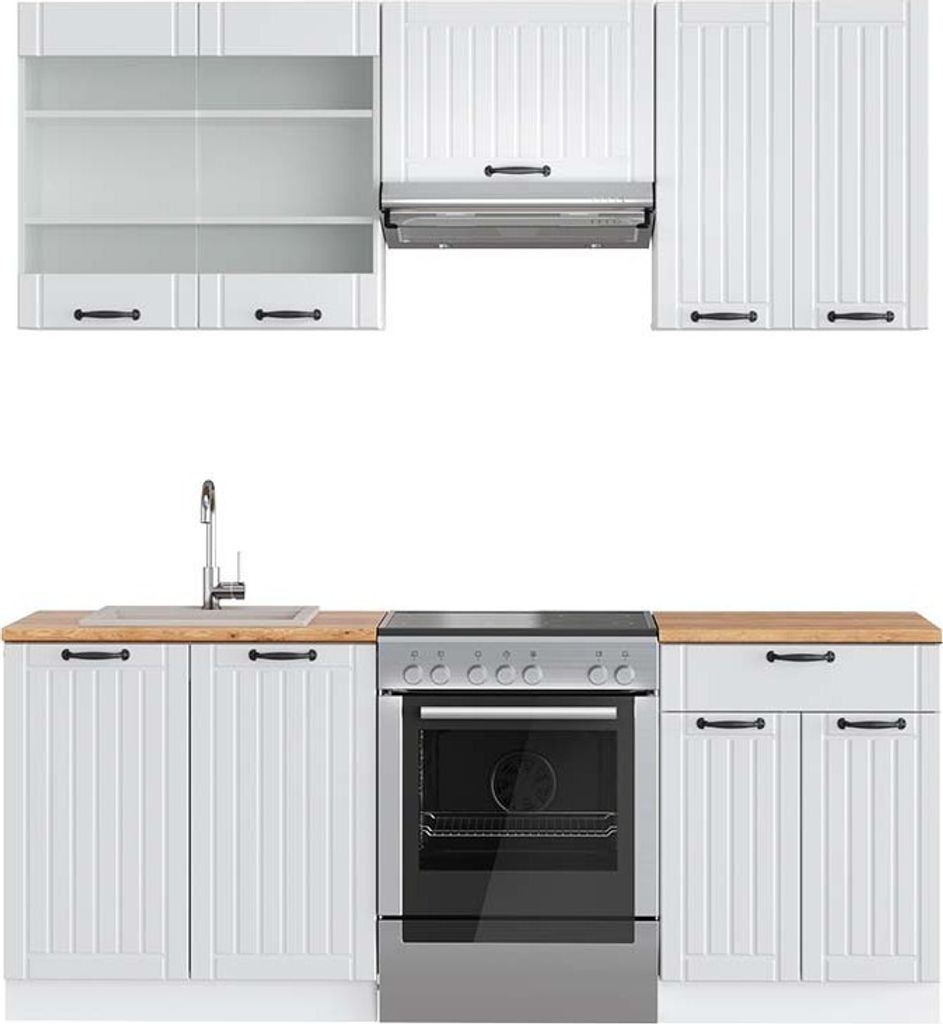 Küchenzeile Vicco Fame-Line Weiß Landhaus/Weiß 200 cm , AP Eiche, Model 42710