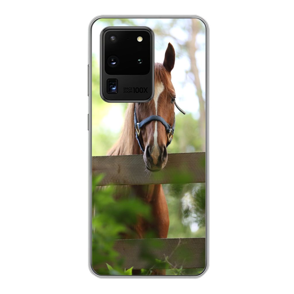 MuchoWow Handyhülle Schutzhülle Hülle für Samsung Galaxy S20 Ultra Pferd - Natur - Zaun Silikon Softcase Handy Hülle - Karteninhaber