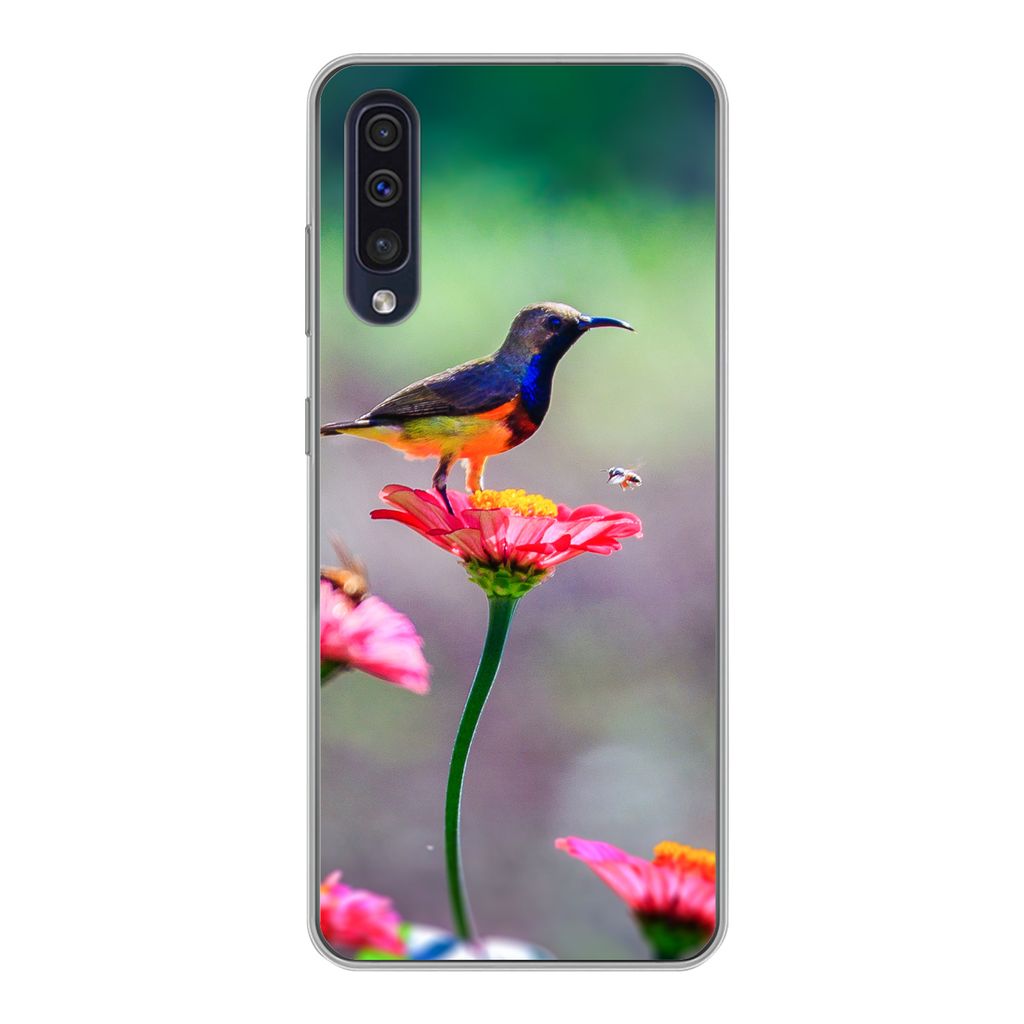 MuchoWow Handyhülle Schutzhülle Hülle für Samsung Galaxy A30s Nahaufnahme eines Kolibris auf rosa Blüten Silikon Softcase Handy Hülle - Kar...
