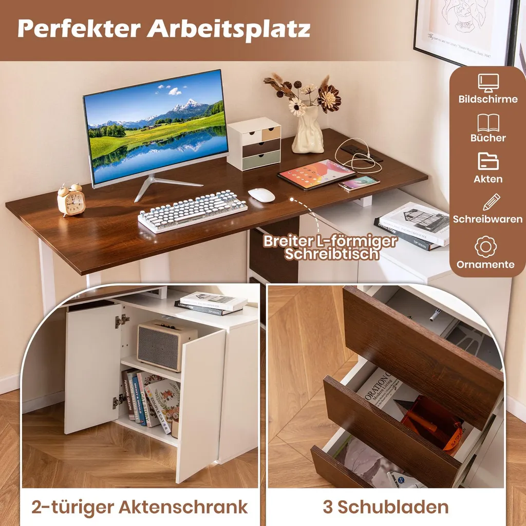 Table d'ordinateur d'angle réversible avec rangements et prises USB Brun