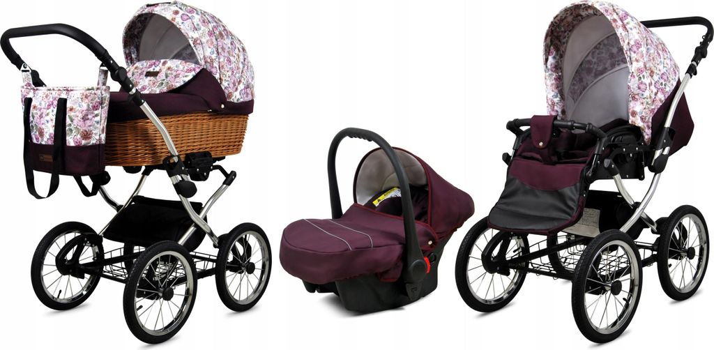 Babylux Classic Exclusive | 3in1 Kinderwagen Set | Maroon Flowers | Kombikinderwagen | Kinderwa