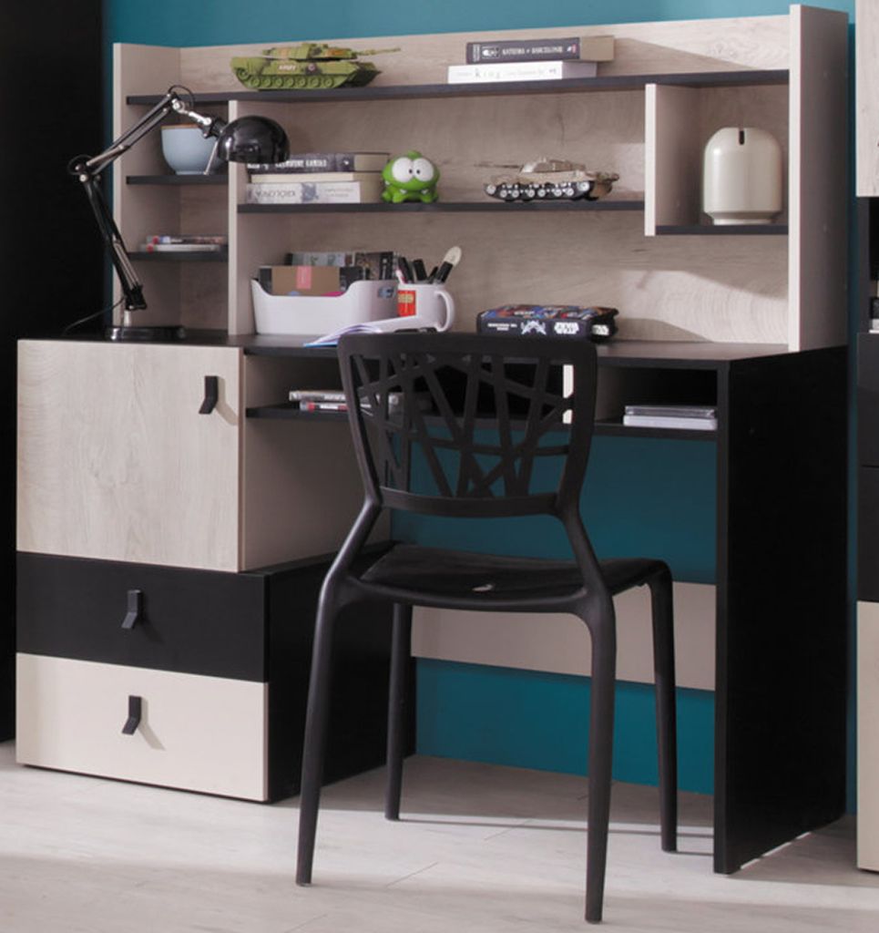 Schreibtisch mit Regalaufsatz PITTSBURGH-133 in schwarz mit Eiche und beige