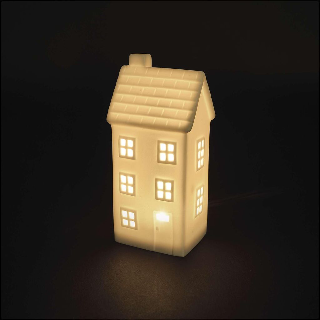 LED keramický domeček, 16 cm, 1x CR2032, vnitřní, teplá bílá, časovač