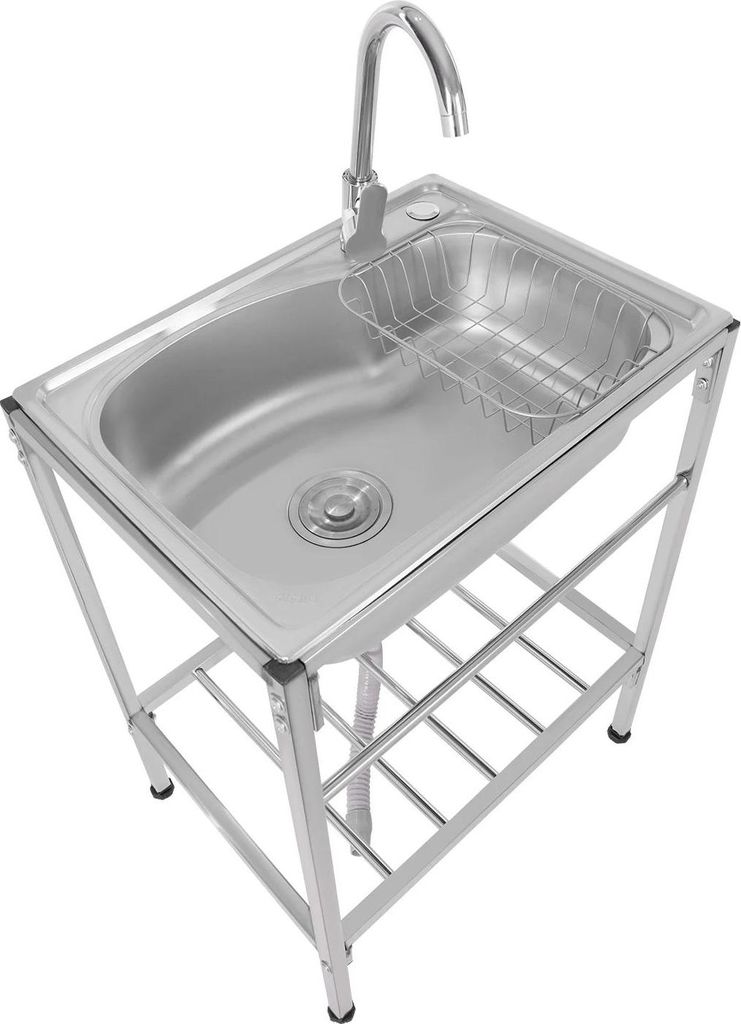 Freistehendes Spülbecken - Gewerbliche Einzelbecken-Spüle - 304 Edelstahl - Rechteckig - Warm-/Kaltwasserarmatur - Ablauf Ø110 mm - Silber