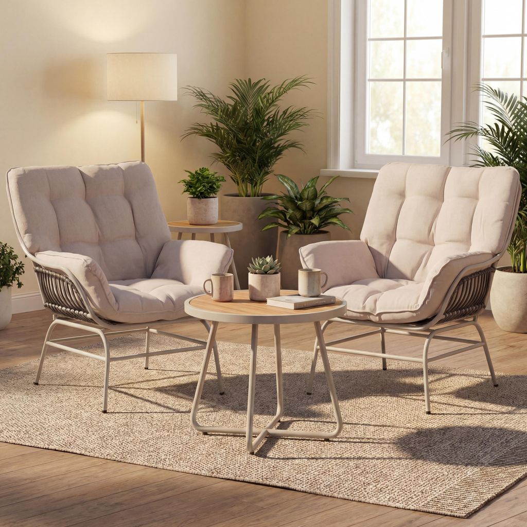 2er-Set Loungestuhl HWC-P75, Loungesessel Relaxstuhl, Stoff 220g/m² Poly-Rattan Metall hellgrau, Polster beige