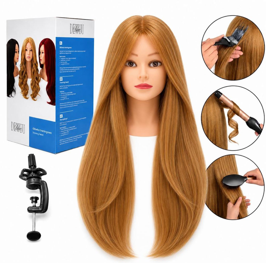 Tête à coiffer Ela - Cheveux naturels 60 cm avec trépied Image du produit  Image générée par une IA
