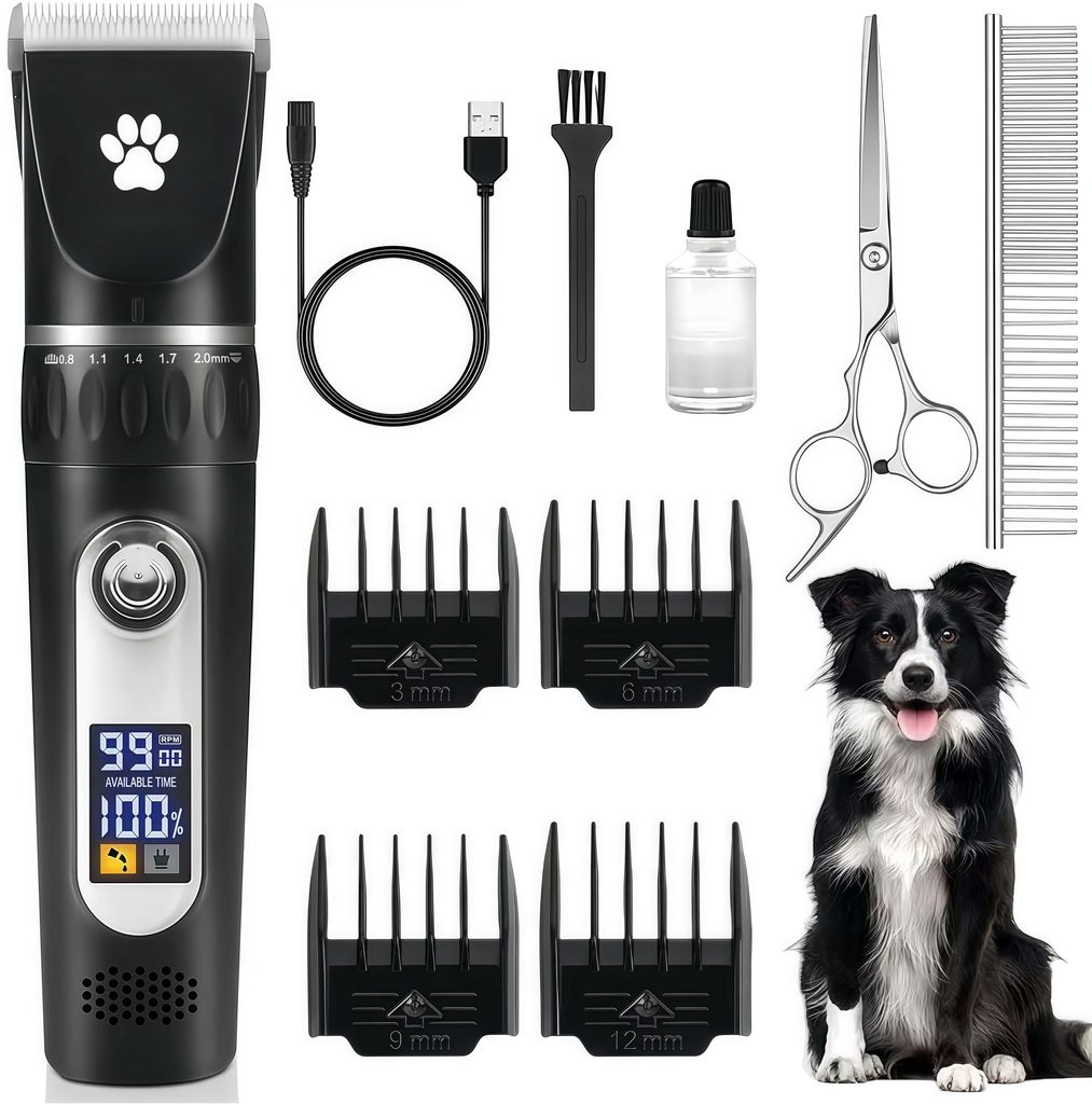 Hundeschermaschine, Profi Tierhaarschneider, Hund Schermaschine mit LCD Anzeige & 5 Längenstufen, Hund Haarschneider Ultra leise, Schwarz
