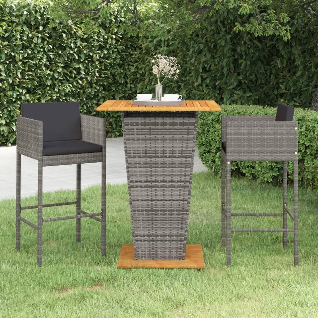 The Living Store 3-tlg. Gartenbar-Set mit Kissen Poly Rattan Grau