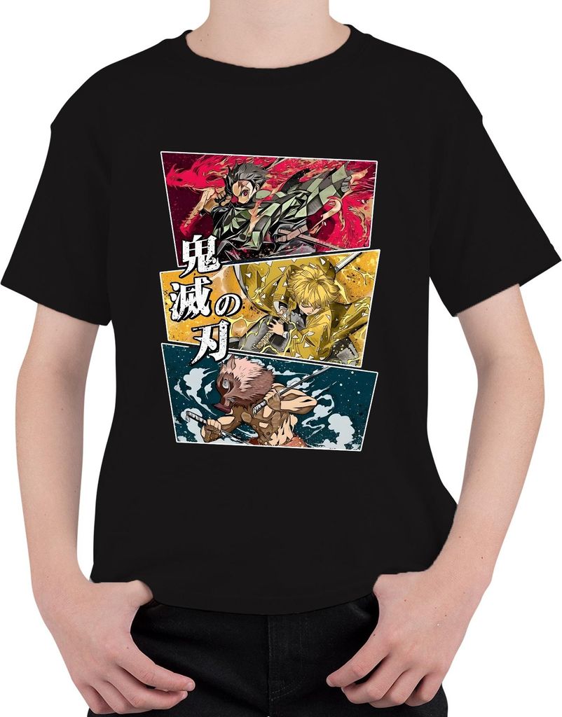 鬼滅の刃 Kimetsu no Yaiba Tanjiro Zenitsu Inosuke Anime Geschenk Uni Kinder T-Shirt, Schwarz, 104
