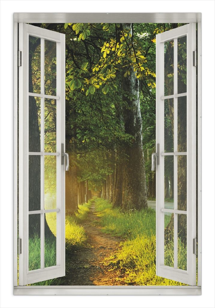 Wallario Wandbild mit Fenster-Illusion: Allee bei Sonnenuntergang, Größe: 61 x 91,5 cm, Poster mit rahmenlosen Bildhalter
