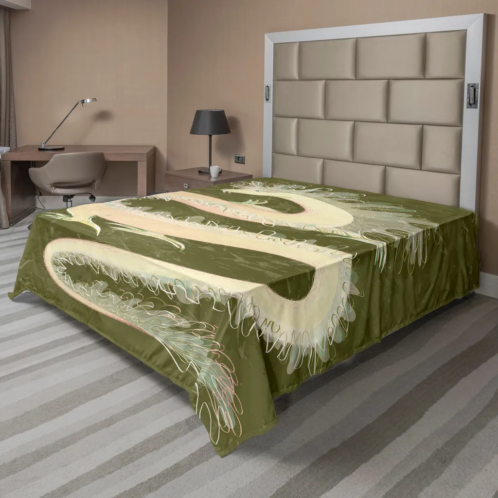 ABAKUHAUS Lenzuolo con drago, drago rettile cinese Cultura orientale Mitologia medievale Motivo asiatico, lenzuolo morbido e confortevole per un letto decorativo 1 pezzo 260 cm x 228 cm, giallo e verde