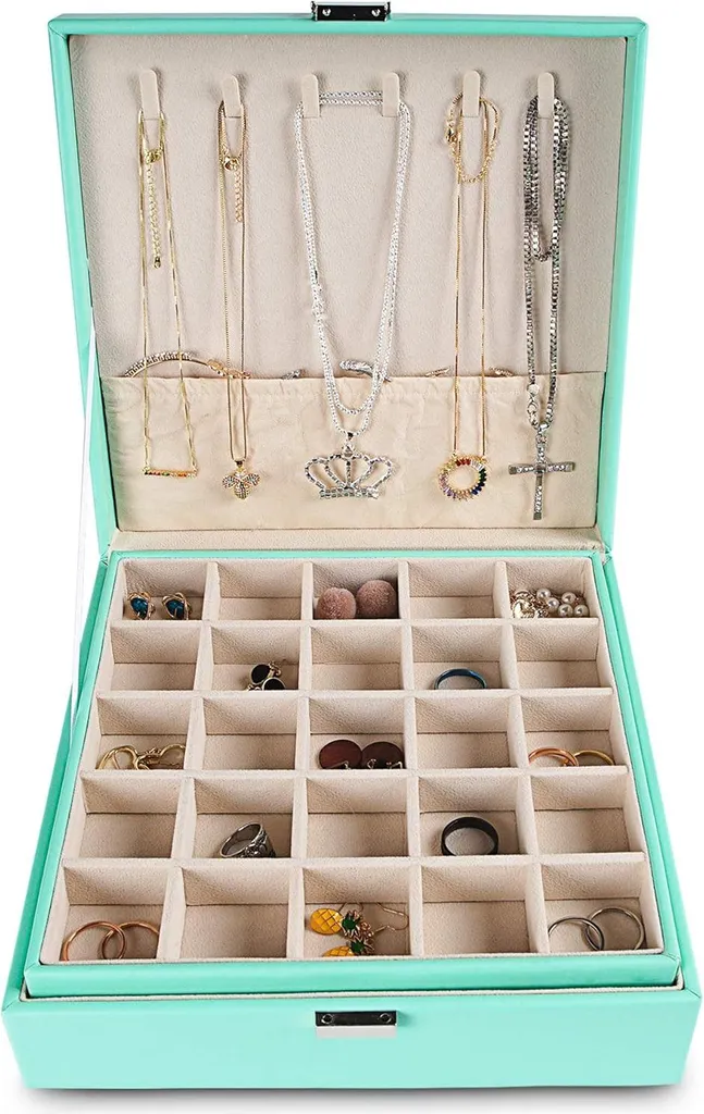 Boîte à Bijoux Classique 50 Compartiments avec Porte-Collier Turquoise