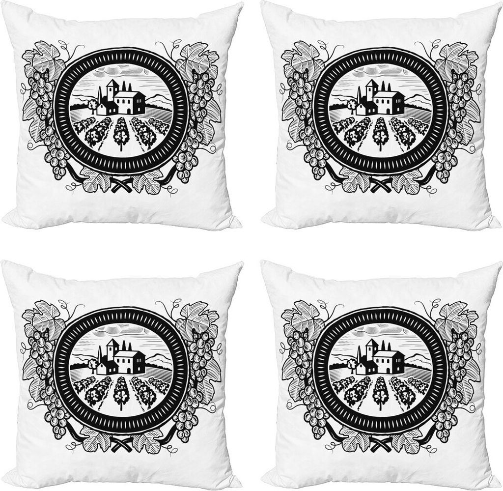 ABAKUHAUS Traube Kissenbezug Set (4 Stück), Haus mit Grapeyard in Rahmen, Moderner Doppelseitiger Digitaldruck, 45 cm x 45 cm, Charcoal Grau und W...