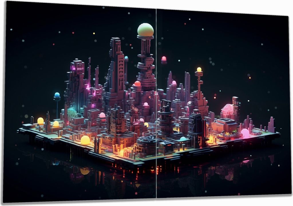 Wallario Herdabdeckplatte aus Glas, Größe 80 x 52 cm 2-teilig, Motiv Pixel-Metropole