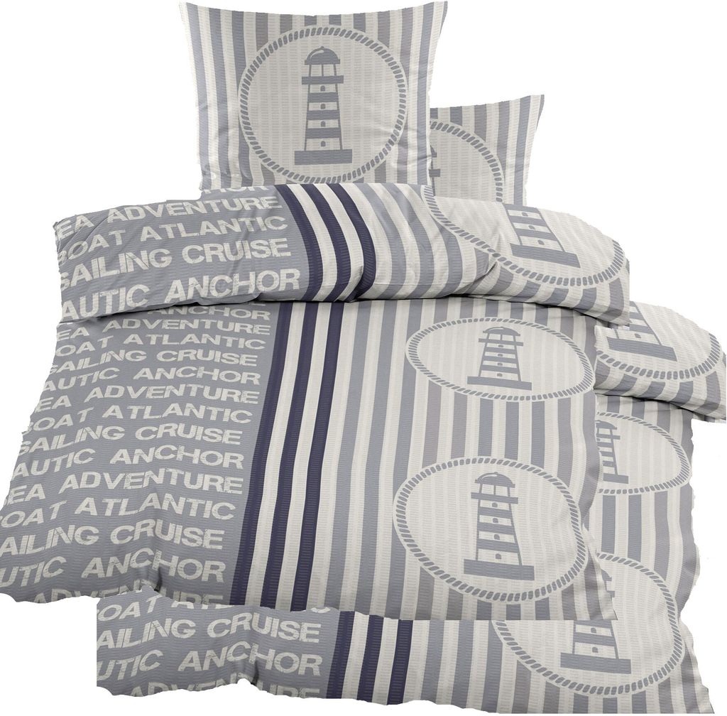 4-tlg. Seersucker Bettwäsche 2x (135x200 +80x80cm), maritim, Leuchturm, bügelfrei