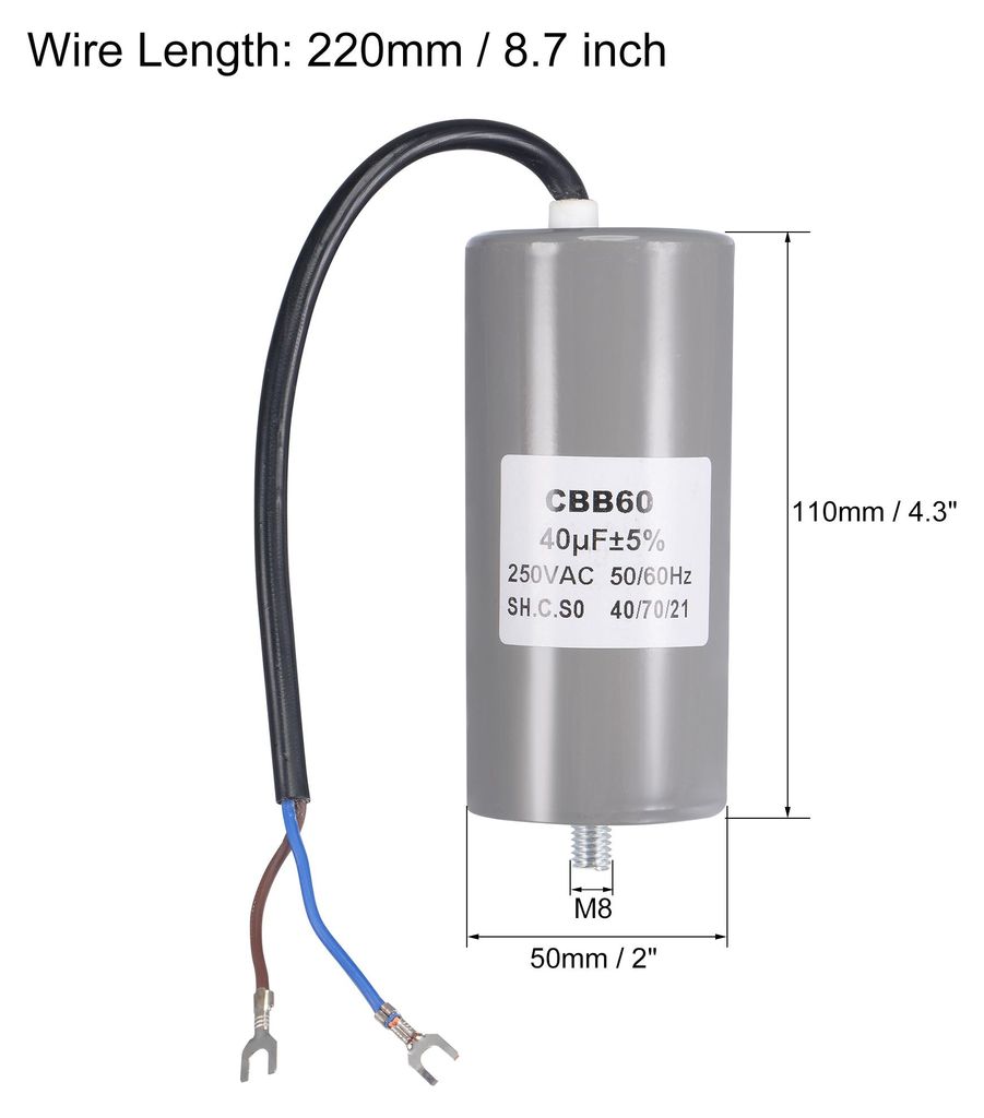CBB60 Betriebskondensator 40uF 250V AC 2 Dr?hte 50/60Hz Zylinder 110x50mm mit Anschluss, M8 Befestigungsbolzen fš¹r Luftkompressor Wasserpumpenmotor