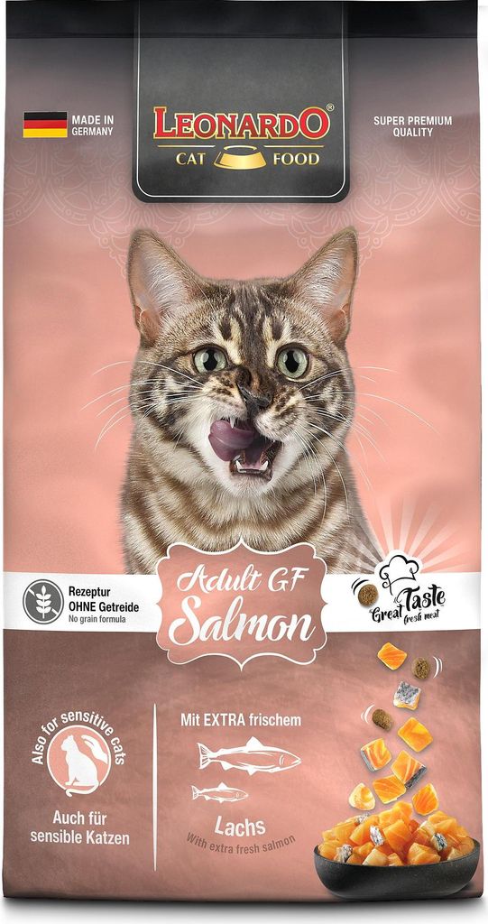 A bag of Leonardo Adult GF Salmon cat food is shown with a cat's face prominently displayed.