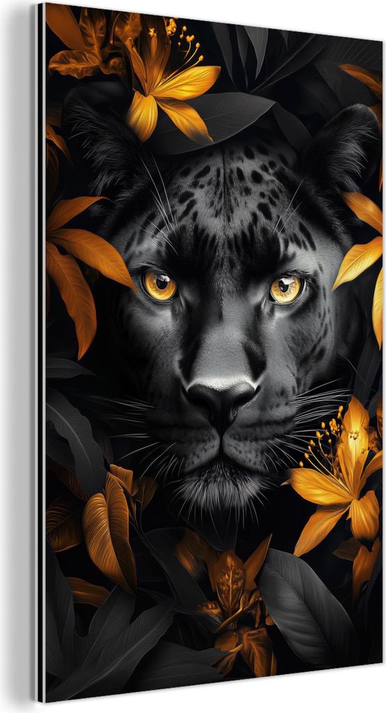MuchoWow Wanddekoration Metall Metallbild Wandkunst 80x120 cm Schwarzer Panther - Blumen - Gold - Natur - Feline MuchoWow Aluminium Gemälde - Bilder