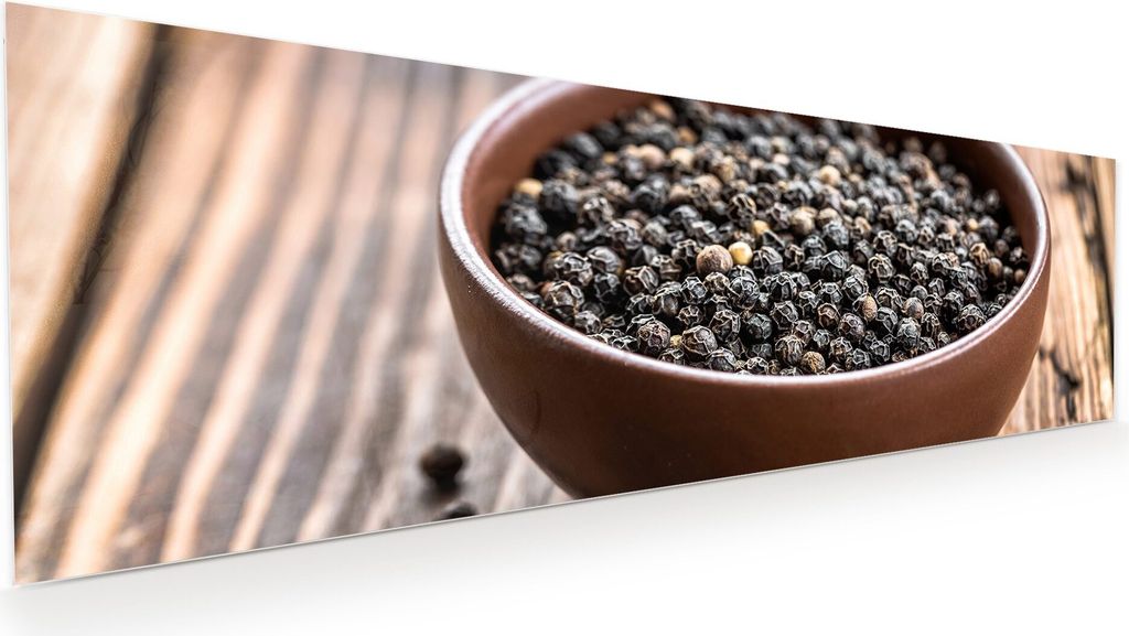 Glasbild Wandbild Pfeffer auf Holztisch 120x40cm in XXL für Wohnzimmer, Schlafzimmer, Badezimmer, Flur