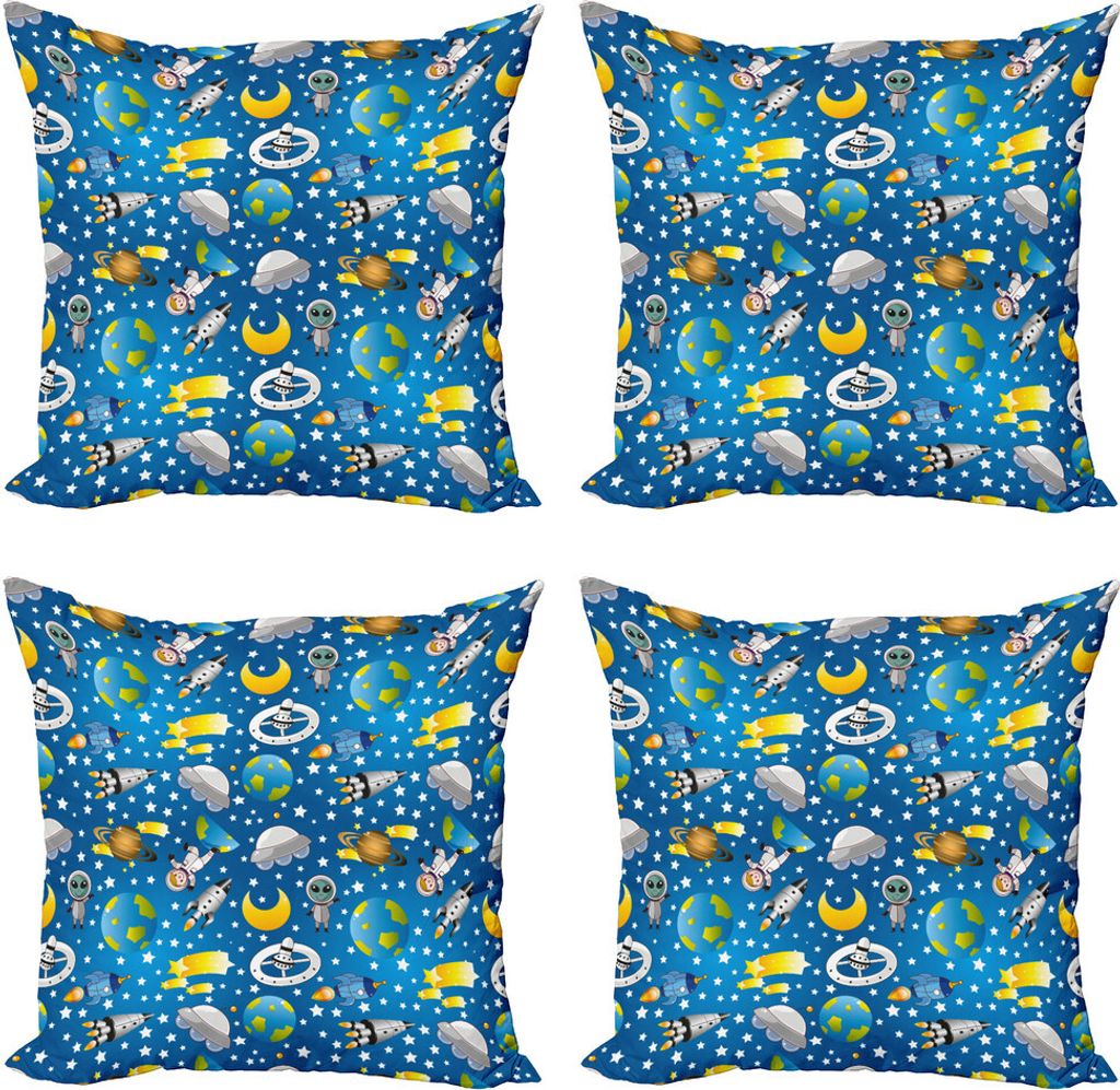 ABAKUHAUS Platz Kissenbezug Set (4 Stück), Alien und Menschen Astronaut, Moderner Doppelseitiger Digitaldruck, 60 cm x 60 cm, Blau, Grau, Gelb