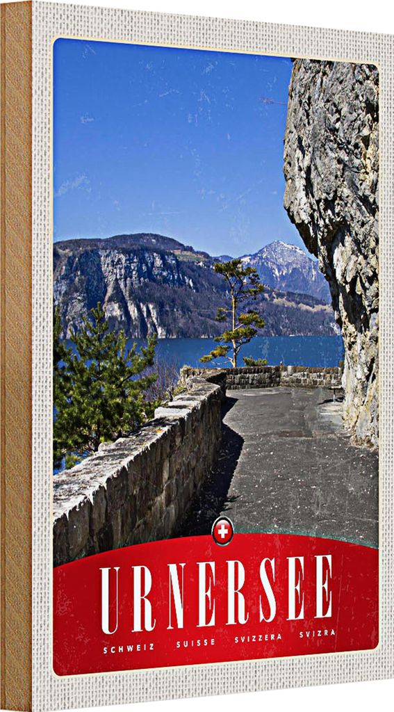 Holzschild Reise 20x30cm Urnersee Schweiz Gebirge Natur Bäume