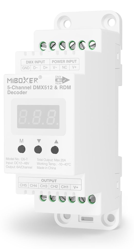 MiBoxer D5-T 5-Kanal DMX512/RDM LED-Decoder für Hutschiene, 12–48V, 5x6A (max.20 A), Konstantspannung