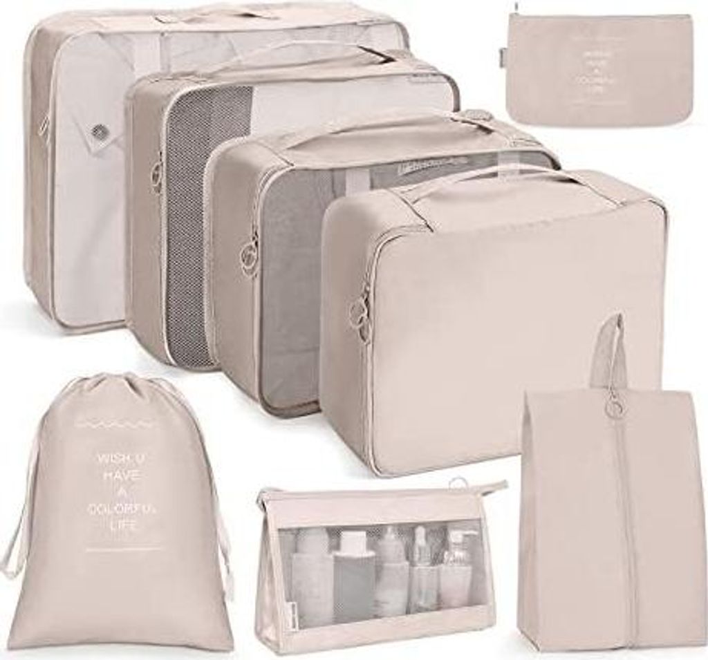 Koffer Organizer Set 8-teilig, Packing Cubes, Wasserdichte Reise Kleidertaschen, Packtaschen für koffer, Verpackungswürfel mit Kosmetiktasche, Sc...