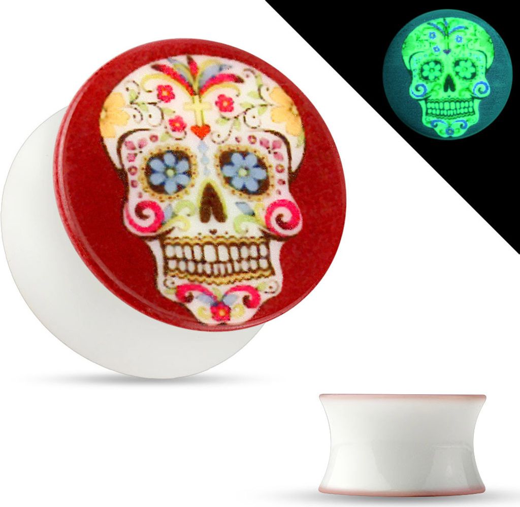 viva-adorno 1 Stück 6mm Saddle Plug Totenkopf Acryl leuchtet im Dunkeln Größe 5-16mm Z486.D1