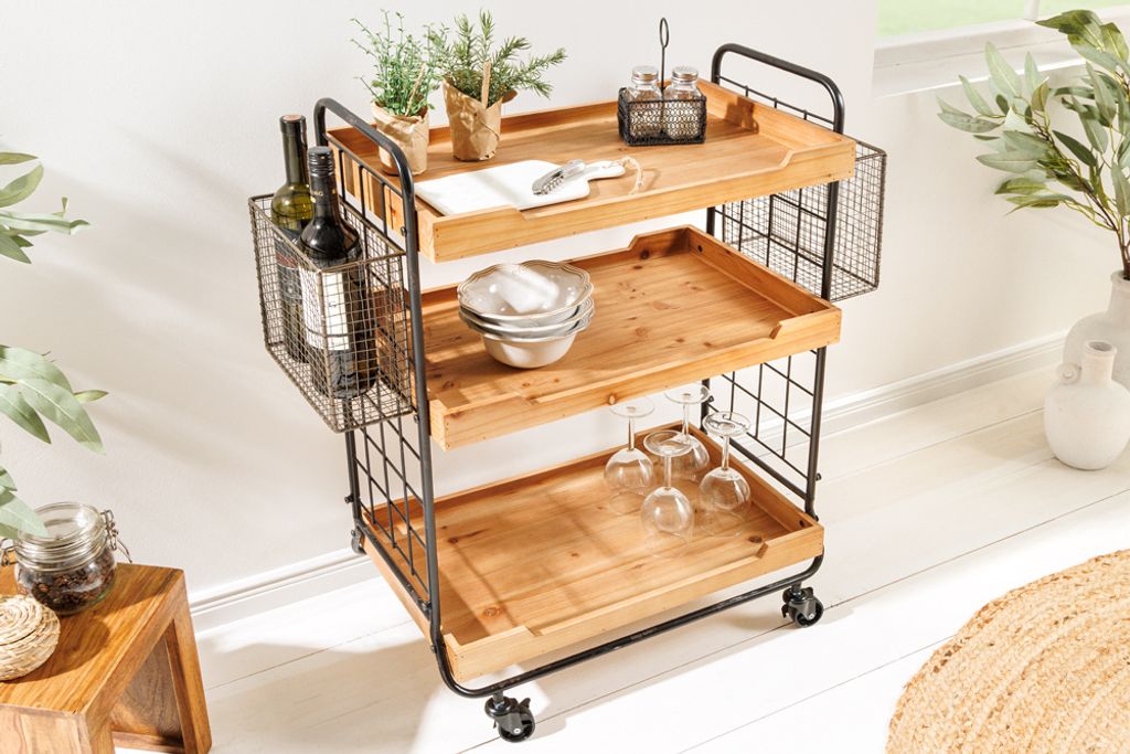 riess-ambiente Massivholz Servierwagen SEVEN SEAS 80cm natur Küchenwagen Metall mit Rollen