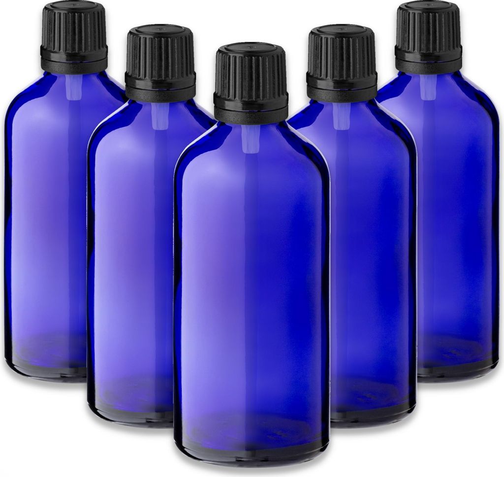 5x Blaue Glasflasche 100 ml mit schwarzem Tropfeinsatz Tropfer 18/415