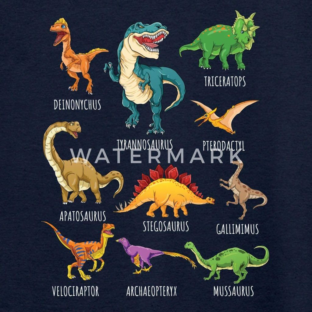 Spreadshirt Dinosaurier Arten Übersicht Dino T-Rex Comic Teenager T-Shirt, 152/164 (12-14 Jahre), Navy