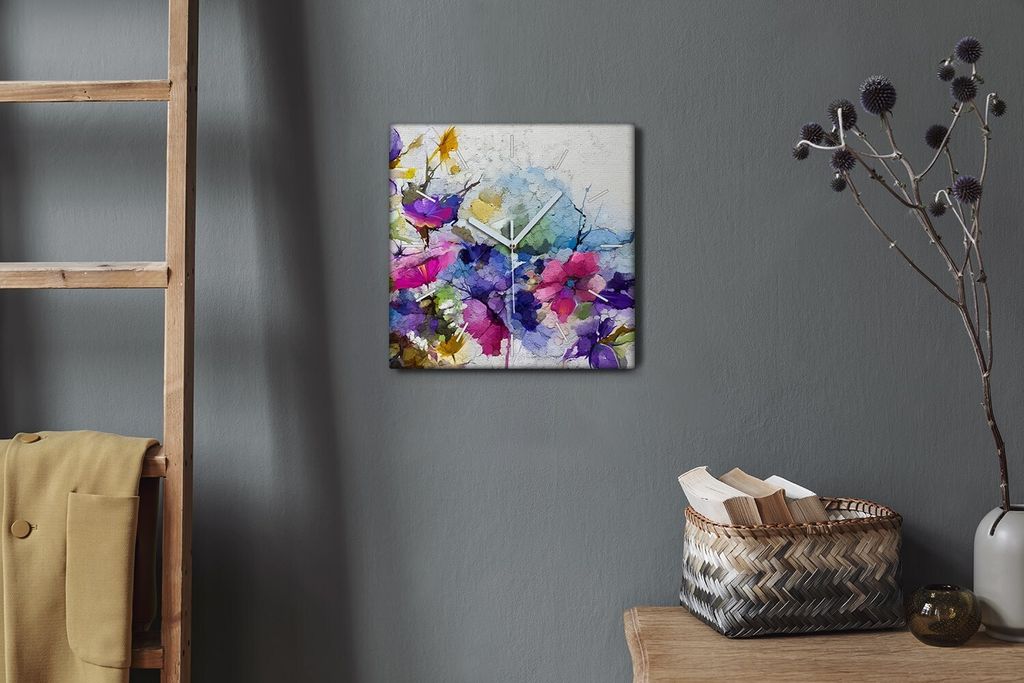 Coloray Hodiny Unikátní 30x30 cm Tiché hodiny Pro obývací pokoj a kuchyň Nástěnné hodiny Plátno Bílé ručičky hodin - Větev květin