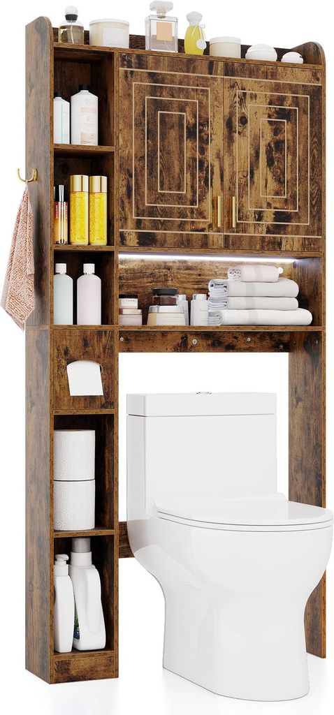 COSTWAY Toilettenregal, Regal über Toilette mit Beleuchtung, 2 Türen, 6 Fächern, Taschentuchbox, Haken & Regal, Toilettenschrank, Braun
