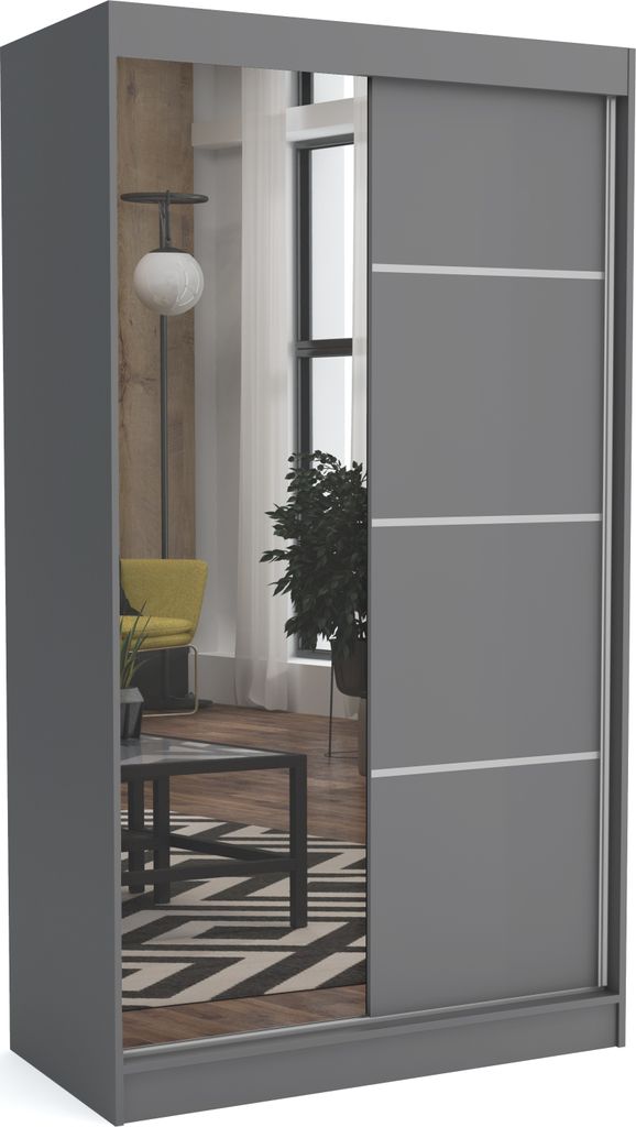 Brent - Kleiderschrank mit Spiegel Tom, Schlafzimmerschrank mit 1 Kleiderstange und Einlegeböden für Kleidung, 180x215x60 cm, Grau
