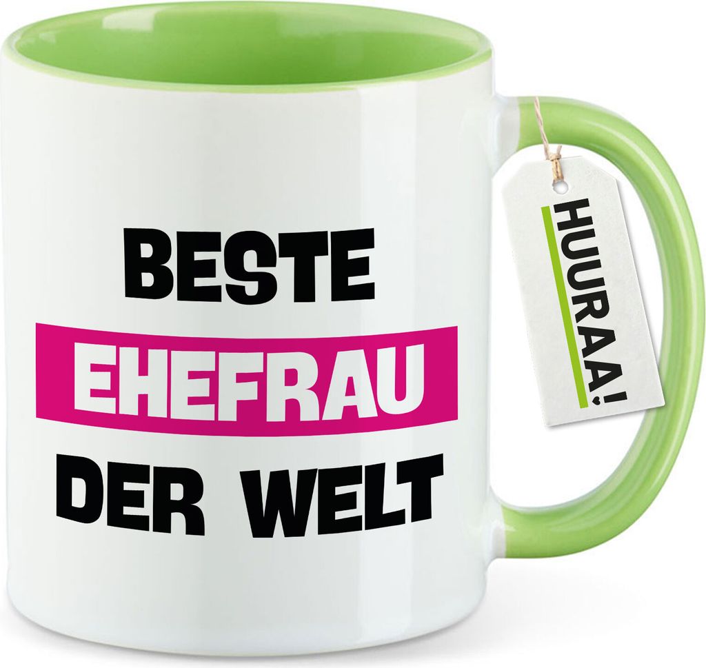 Huuraa Kaffeetasse Beste Ehefrau der Welt 330ml Grün Keramik Kaffeebecher Geschenkidee