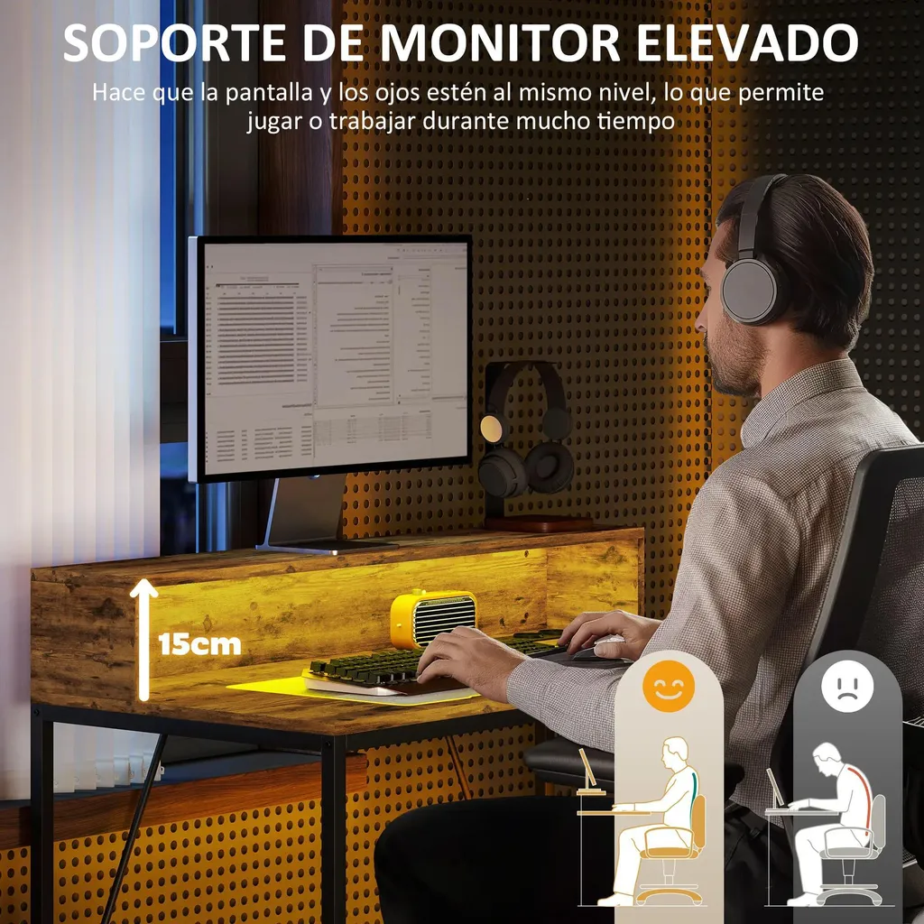 Bureau Informatique pour Petit Espace - Style Rustique avec LED 100cm - 6
