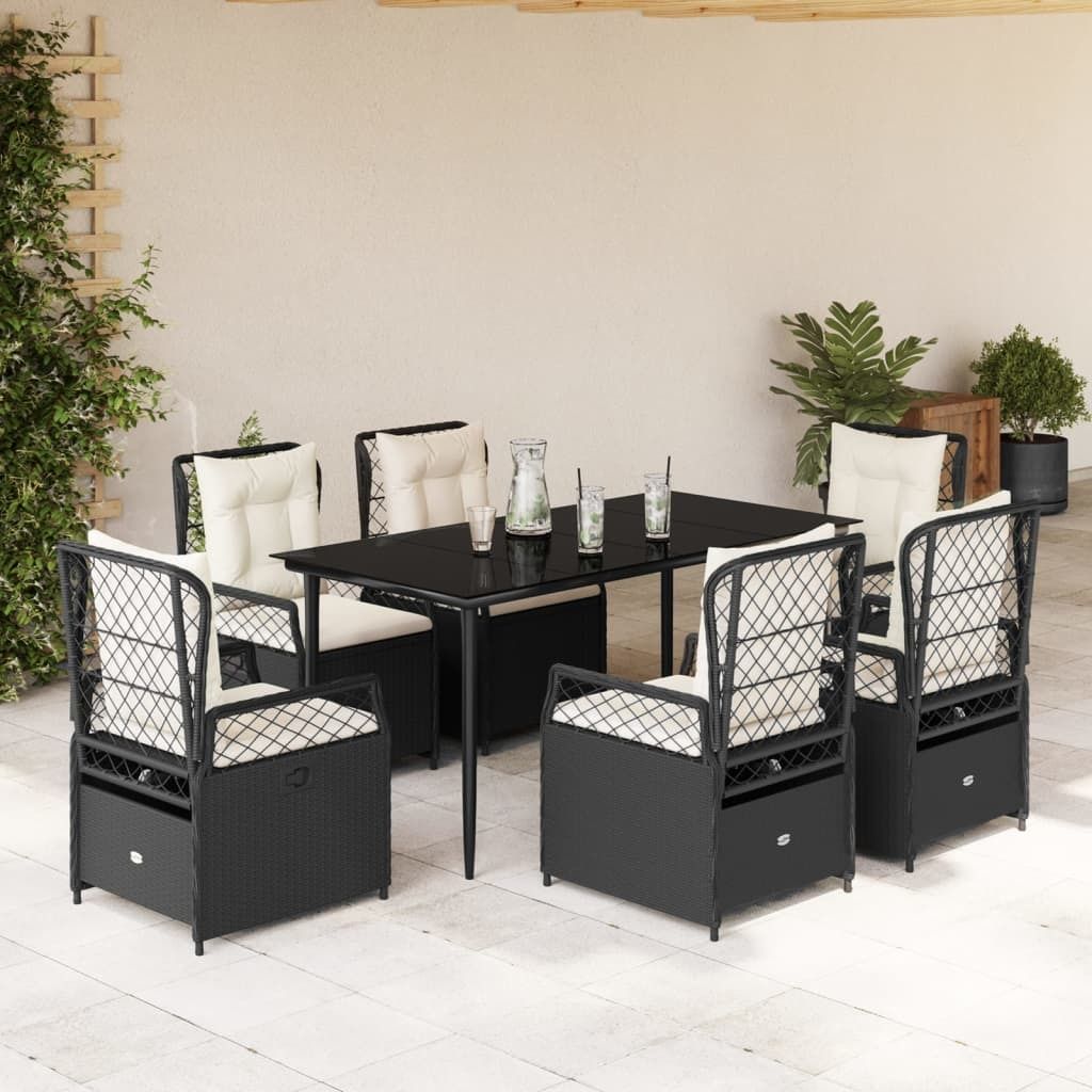 "2026 Promotion" 7-tlg. Garten-Essgruppe - mit Tisch und Stühlen - mit Kissen - Schwarz Poly Rattan - Gartenmöbelset CC12980